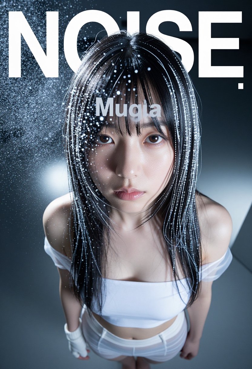 Create a cinematic shot of a young Japanese woman idol,  focusing on her face from an overhead perspective. Behind her hea...