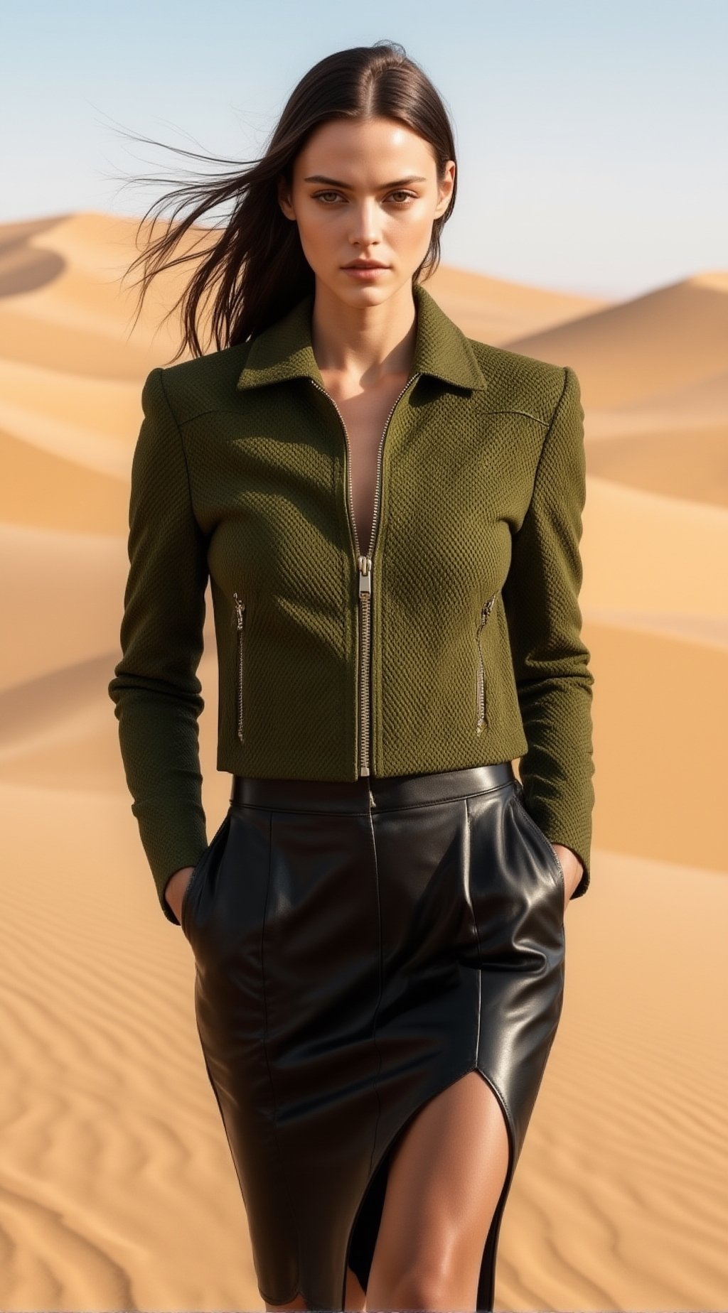a full-body high-fashion editorial shot of a chic woman with a slender oval face,  high cheekbones,  sharp almond eyes by...
