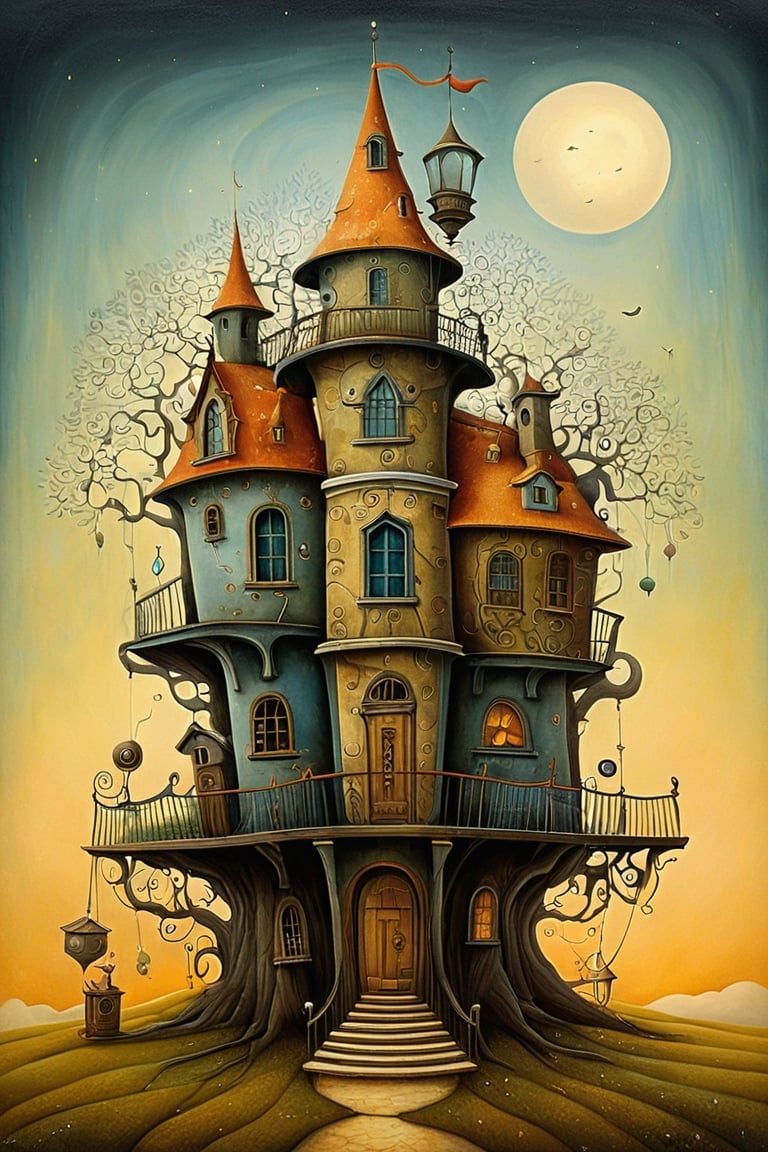 Neo surrealism, whimsical art, painting, fantasy, magical realism, bizarre art, pop surrealism, inspired by Remedios Var, Jacek Yerka and Gabriel Pacheco. Create an illustration of a House of Wonders