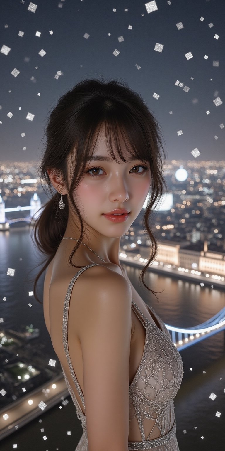 A beautiful Japanese woman is prominently displayed,  her figure dominating the composition with an elegant and captivatin...