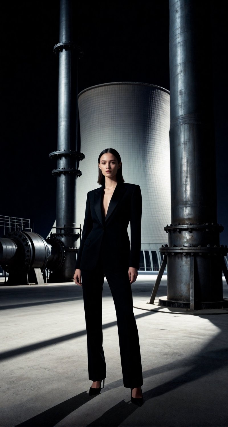 A head-to-toe cinematic fashion portrait of a young woman standing alone inside a massive industrial power plant interior....