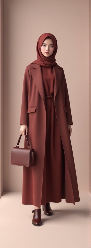A stylish Malay woman in an exquisite C4D render,  wearing a plain yet elegant hijab in red maroon. She holds a chic bag,...