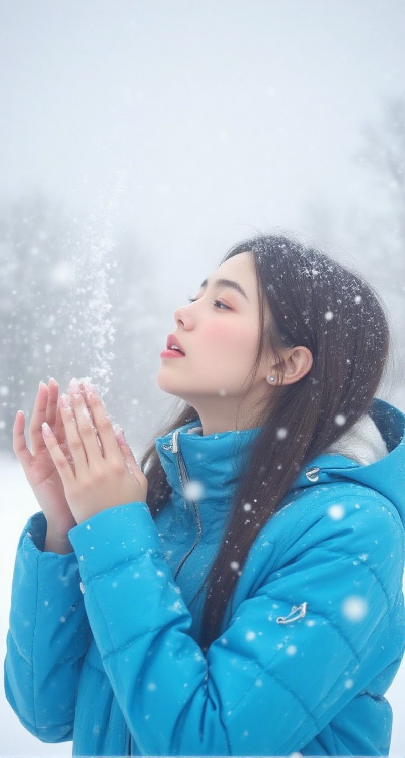 Side view of a woman looking up,  mouth slightly open,  catching a snowflake. She is wearing a heavy-duty by ART IMAGINATI...