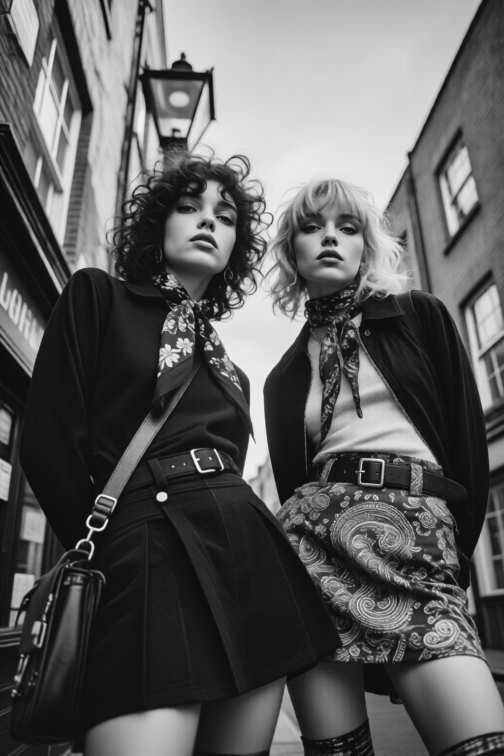 midjourneylowangle11q Low angle shot. Black and white photograph of two women are standing side by side in an urban settin...