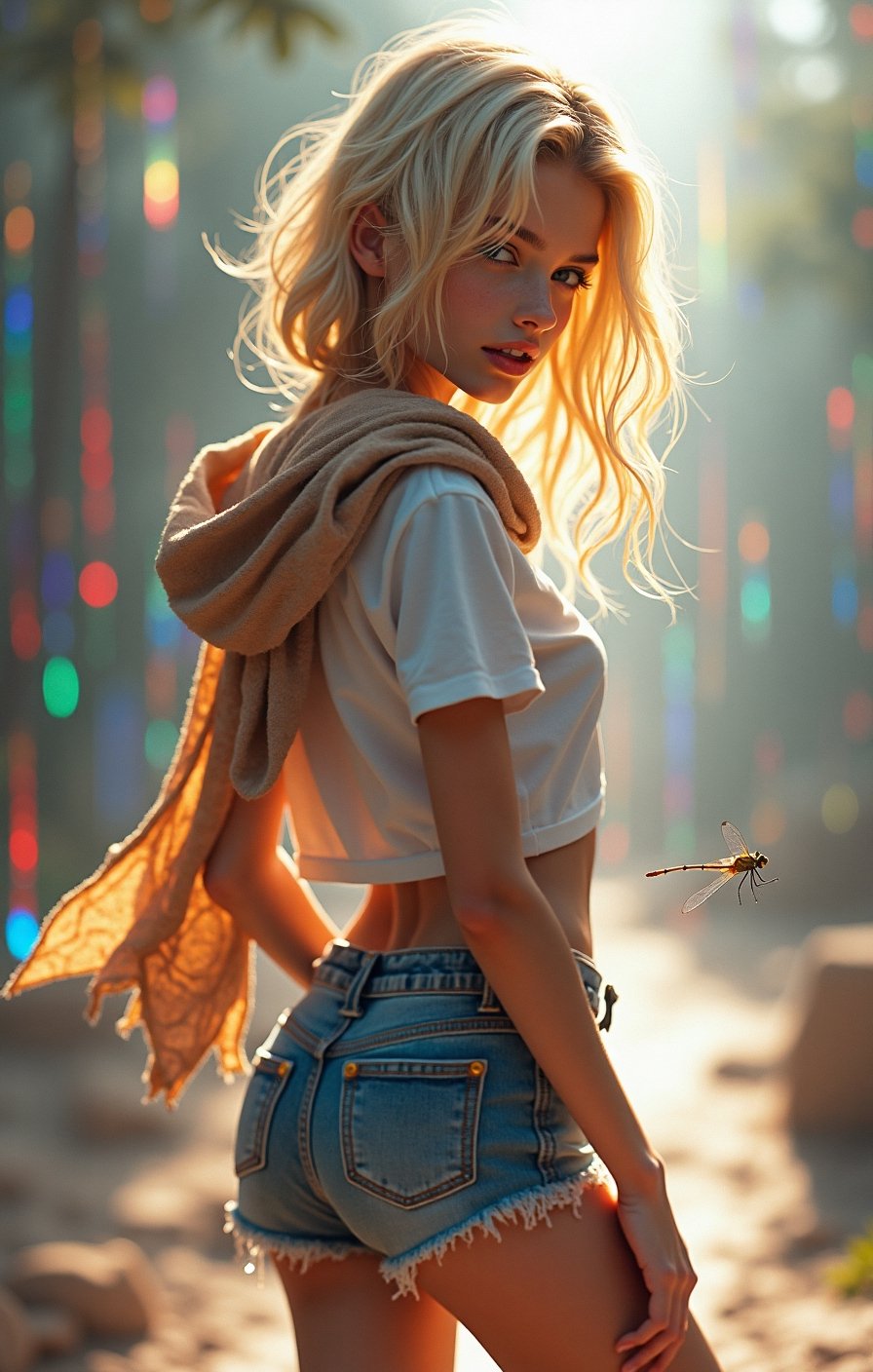 The blond girl is incredibly beautiful,  in shorts and a T-shirt with a scarf thrown over her shoulders,  she stands half-...