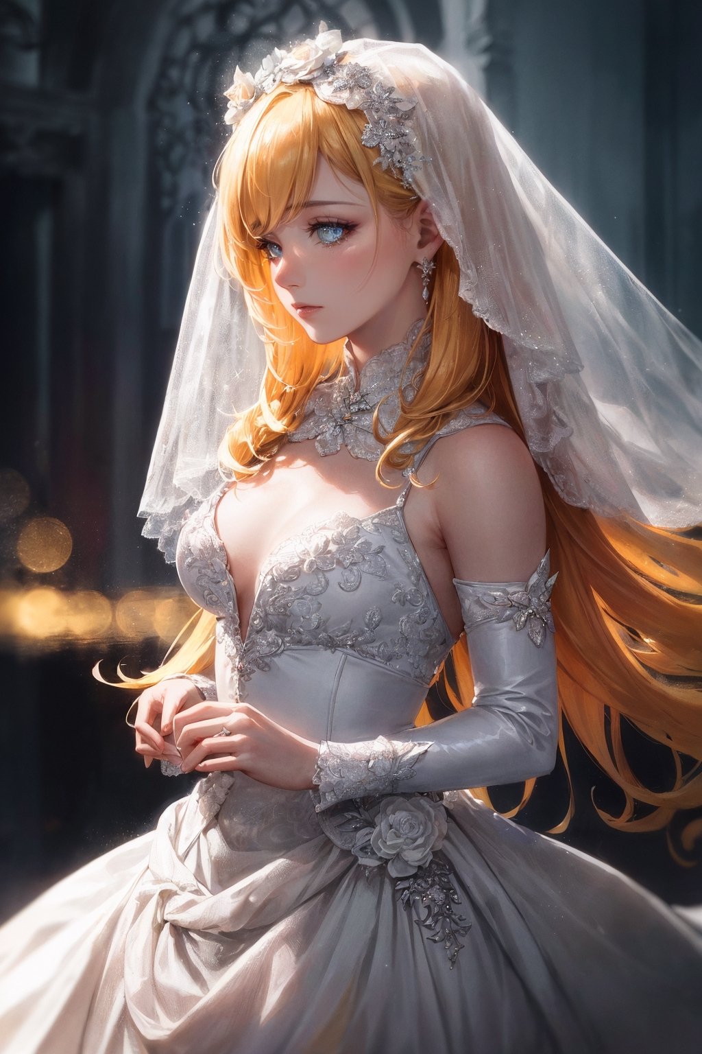 Story, sparkling beautiful eyes, blonde hair, bride posing under a fairy tale, elaborate scene style, glitter, orange, realistic style, 8k,exposure blend, medium shot, bokeh, (hdr:1.4), high contrast, (cinematic, dark orange and white film), (muted colors, dim colors, soothing tones:1.3), low saturation, (hyperdetailed:1.2), (noir:0.4),1 girl