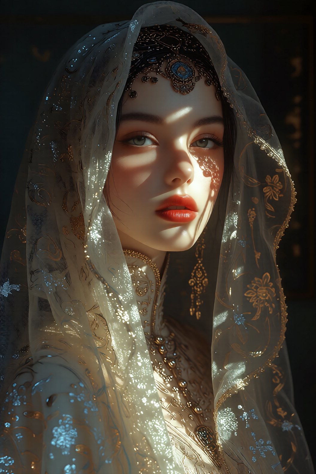 Ultra-detailed,  hyperrealistic portrait of a woman wearing a translucent veil inside a dark room,  dramatic shadows falli...