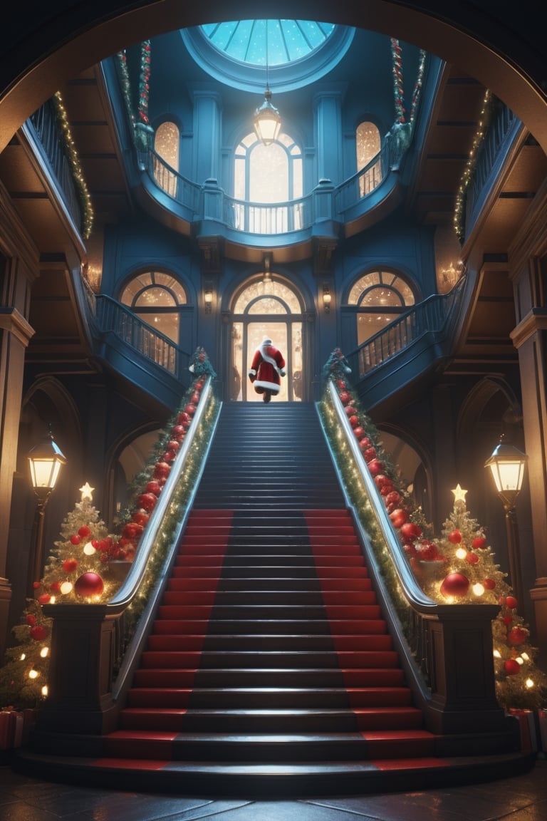 (((infinite stairs))) in a Christmas atmosphere with many people shopping on the infinite staircase, with Santa Claus in the middle of the scene laughing at everyone, rendering Beautifully detailed octane 8k, post-processing, portrait, extremely hyper. detailed, intricate, epic composition, cinematic lighting, masterpiece, highly, highly detailed, masterpiece, stunning Detailed matte painting, deep color, fantastic, intricate detail, splash screen, complementary colors, fantasy concept art, 8k resolution in trend in Artstation Unreal Engine 5, chiaroscuro, bioluminescent., more details XL, photo r3al