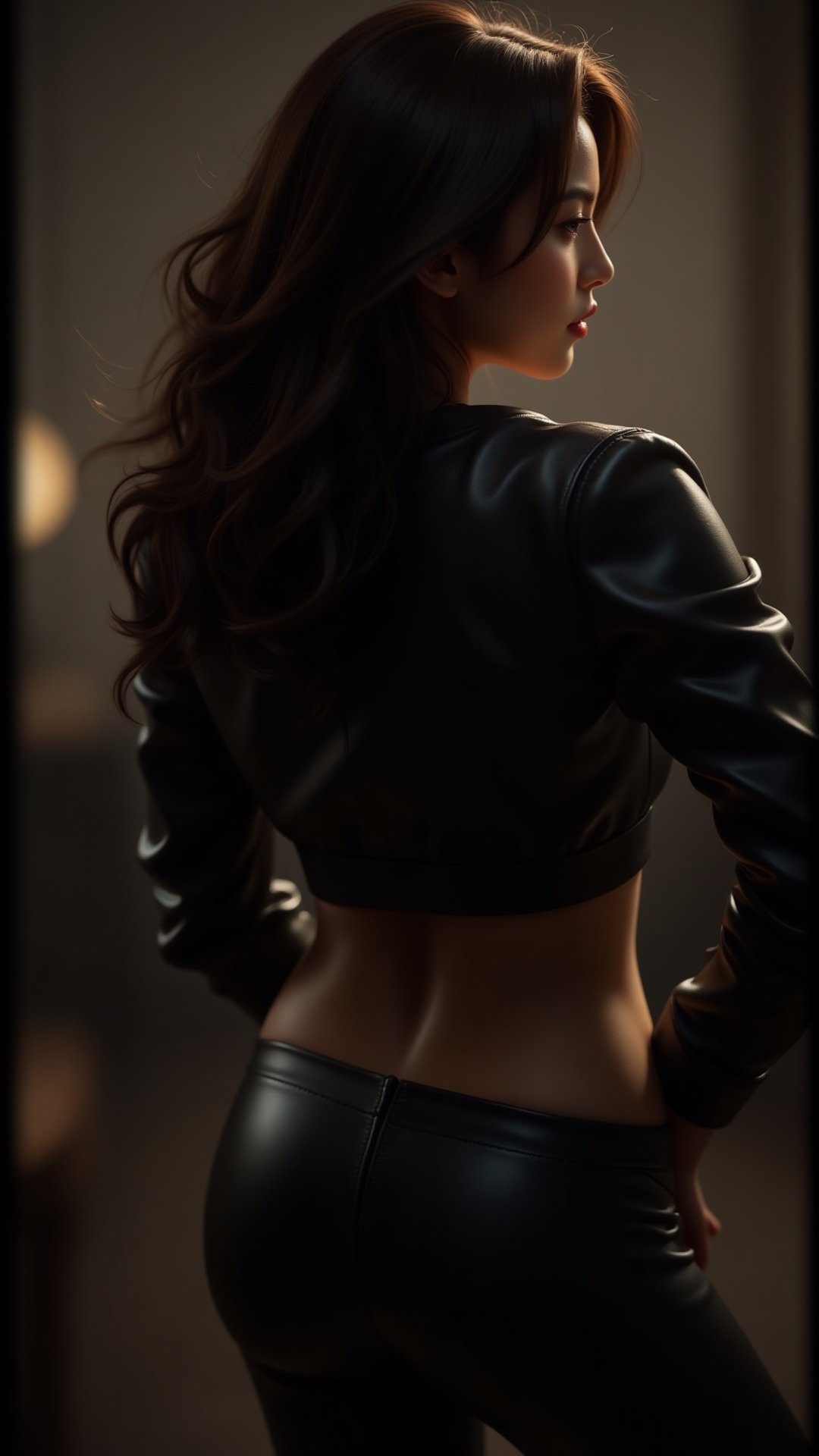 A stunning woman viewed from behind in a dramatic pin-up style,  wearing a cropped black leather jacket and matching leath...