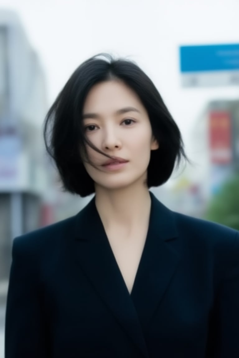 A realistic street portrait of a young woman on a breezy day,  short hair gently moving in the wind,  natural daylight by...
