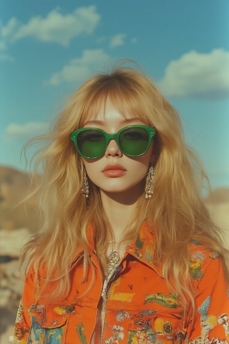 a woman with long blonde hair,  wearing a pair of green aviator sunglasses,  stands in front of a bright blue sky. She is...