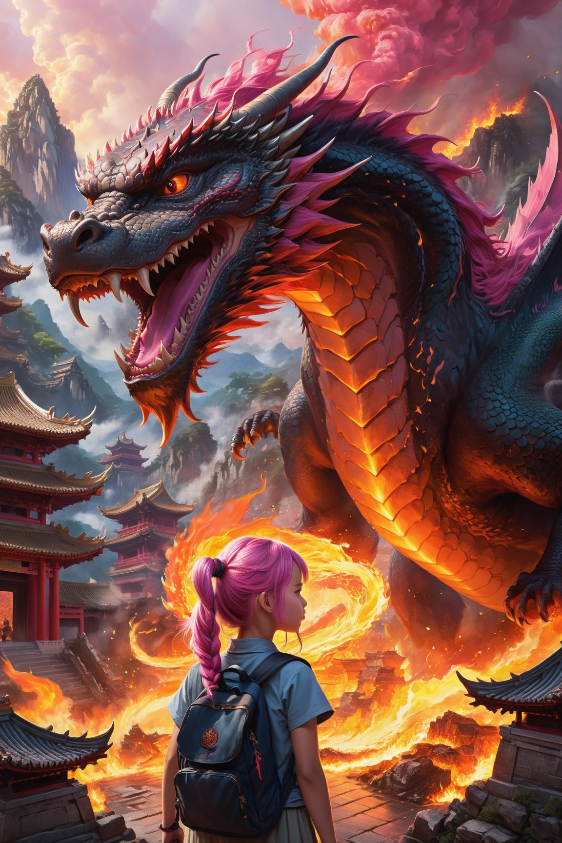 A young girl with a backpack and pigtails watches a Massive Dragon Destroying a chinese temple vilage, an epic fearsome dragon. This mesmerizing image, portrayed through a vivid painting, captures theterror  and danger of the encounter. The pink hair  gleams brightly, the fire-breathing beast. the young girl is stood in fear, reflects the intense light of the fiery backdrop, emphasizing the determination in his eyes. The dragon, exuding menace, boasts menacing scales with a teardrop of molten lava dripping from its serrated jaw. With flawless brushstrokes and remarkable attention to detail, this masterpiece engulfs viewers in the awe-inspiring clash of man versus beast. soft bokeh