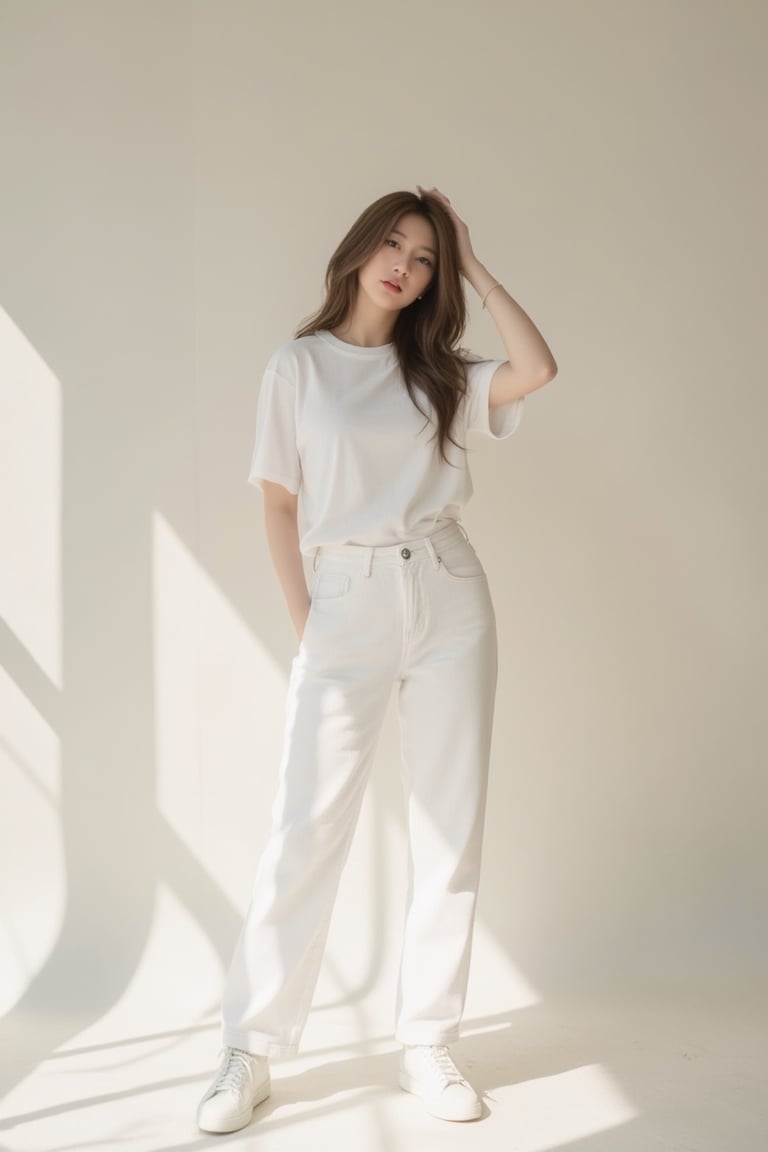 A high-fashion female model wearing a premium white t-shirt and high-waisted white jeans,  posing like an international lu...