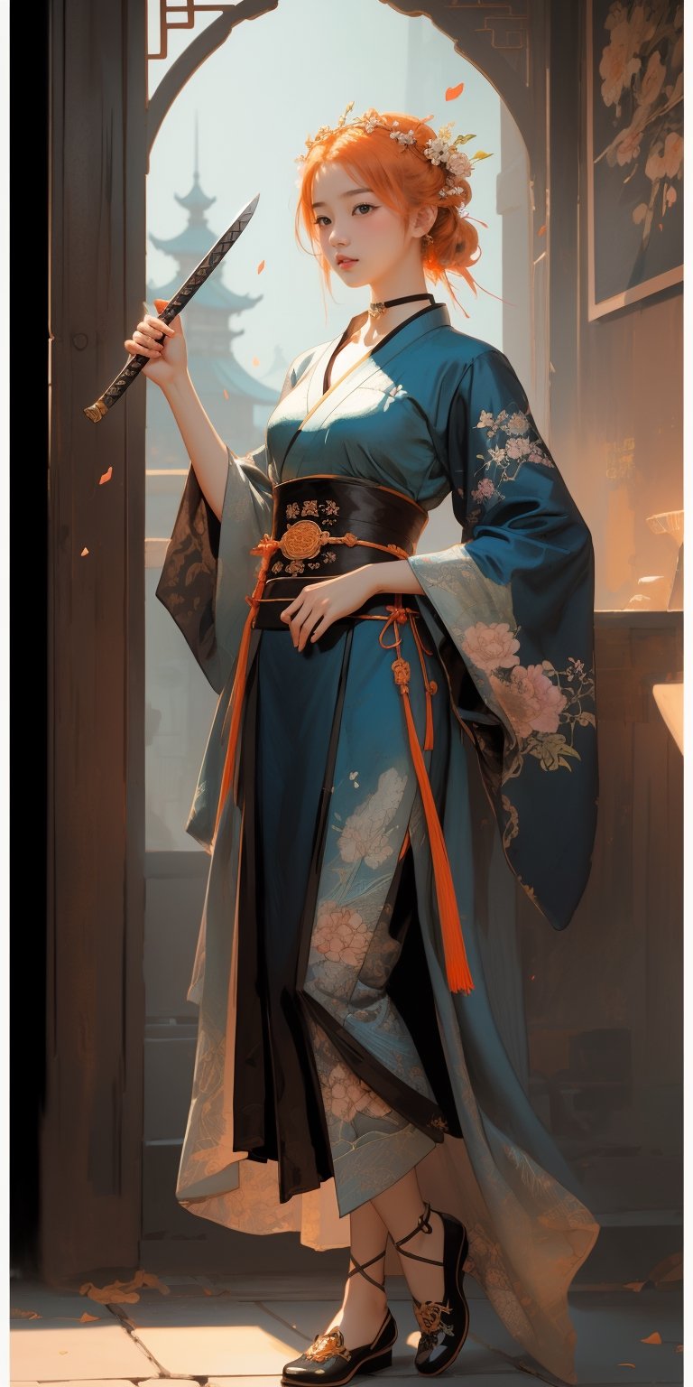 raw photo, full body shot, waist up to head, extremely beautiful 18 years old caucasian woman with ginger hair, chinese goddess on a cloud, Hecate, (((her head is fully visible))), (((distant shot))), ((unzoom)), in an intricate fluttering pastel orange-blue hanfu, a beautiful decoration on her head, detailed face, detailed skin, holdig an ancient chinese sword, art by Alphonse Mucha, front, background magical garden in chinese heaven, cover, unzoom, choker, hyperdetailed painting, luminism, Bar lighting, complex, 4k resolution concept art portrait by Greg Rutkowski, Artgerm, WLOP, Alphonse Mucha, little fusion pojatti realistic goth, fractal isometrics details bioluminescens : a stunning realistic photograph 30 years, use Alchemy beta 2D image pipeline from Leonardo.Ai to enhance the image, prompt magic,1 girl,yoimiyadef,weapon, mandala, zentangle,Blender,kamisato_ayaka,Realism