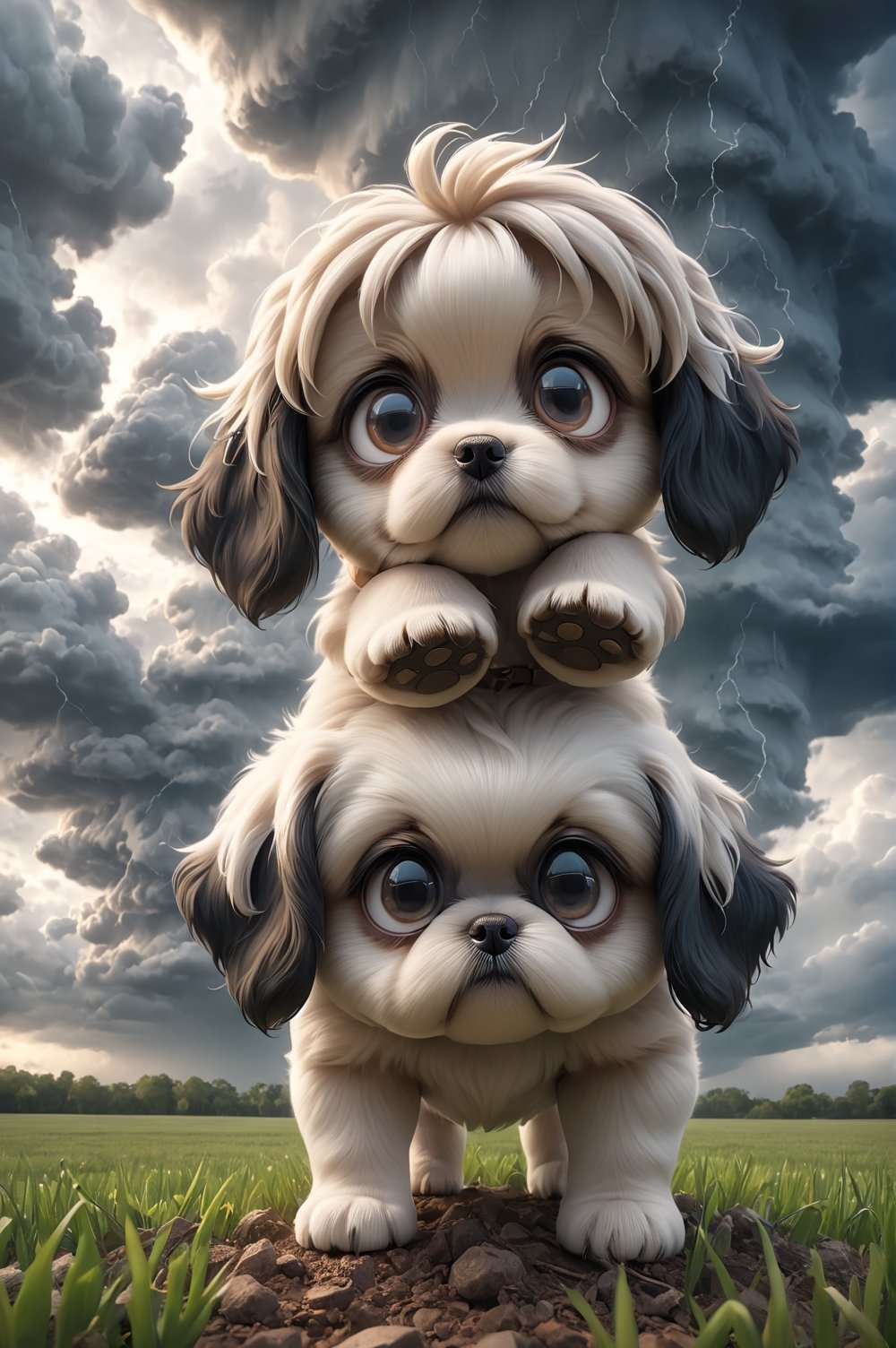 chibi adorable pixar style puppy [Harrier], in the middle of the open field worried about the closed weather, dark clouds, as a storm is brewing with a tornado behind, easter environment, photorealistic, cute, hdr, shaded, lens, focus on puppy, lighting, hyper-detailed, filigree, big round detailed eyes, detailed, adorable, Jean Baptiste Monk, Carol Buck, Tyler Edlin, Perfect Composition, Beautifully Detailed, Trending on Artstation, 8K Fine Art Photography, Photorealistic Concept Art, Cinematic Perfect Light volumetric, Natural brightness and contrast, Chiaroscuro, Award-winning photography, Masterpieces, Digital Art, rafael, caravaggio, greg rutkowski, belle, bexinski, giger, children's fairy tale style, bright and vivid colors without saturation.