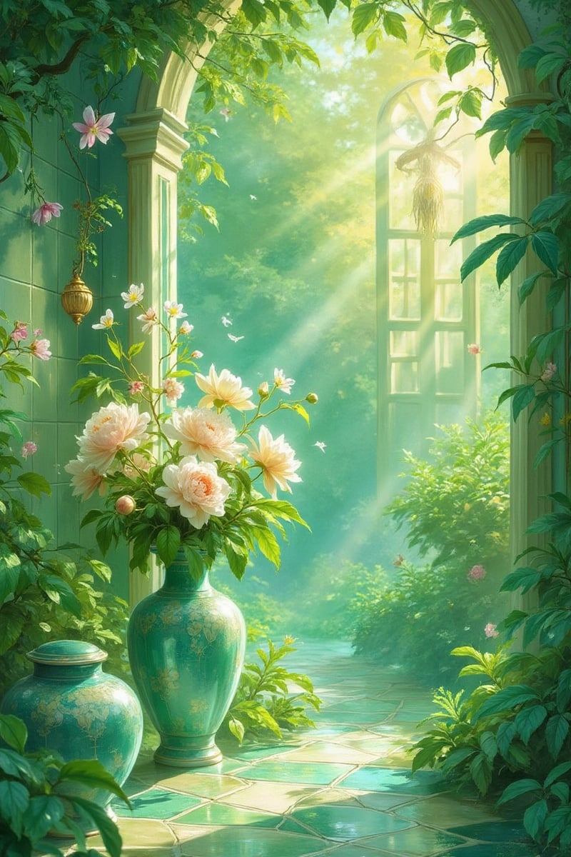 Vibrant hues of emerald greenery engulf a serene background where delicate ceramic tiles and porcelain vases entwine amids...