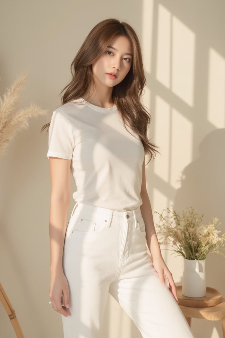 Stylish female model wearing a white t-shirt and white denim jeans,  posing naturally in a bright Scandinavian-inspired in...
