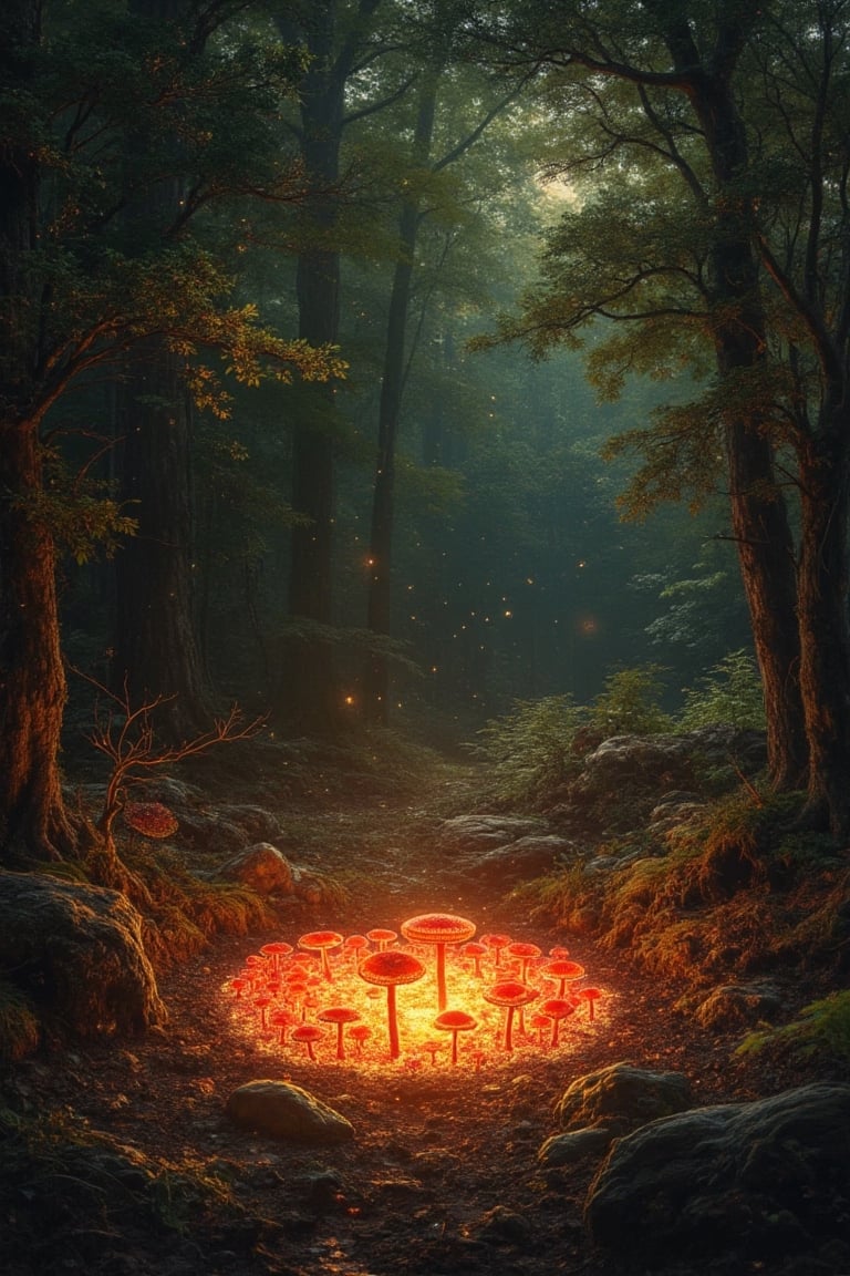 The masterful brushstrokes of Peter Paul Rubens and Rembrandt give life to a of red mushrooms in a forest clearing. The ci...