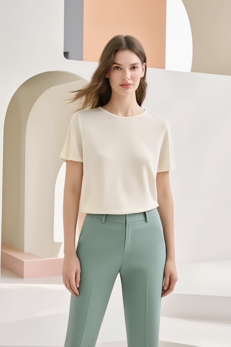 High-fashion female model in a refined Scandinavian luxury aesthetic. She wears a premium cream straight-cut short-sleeve...