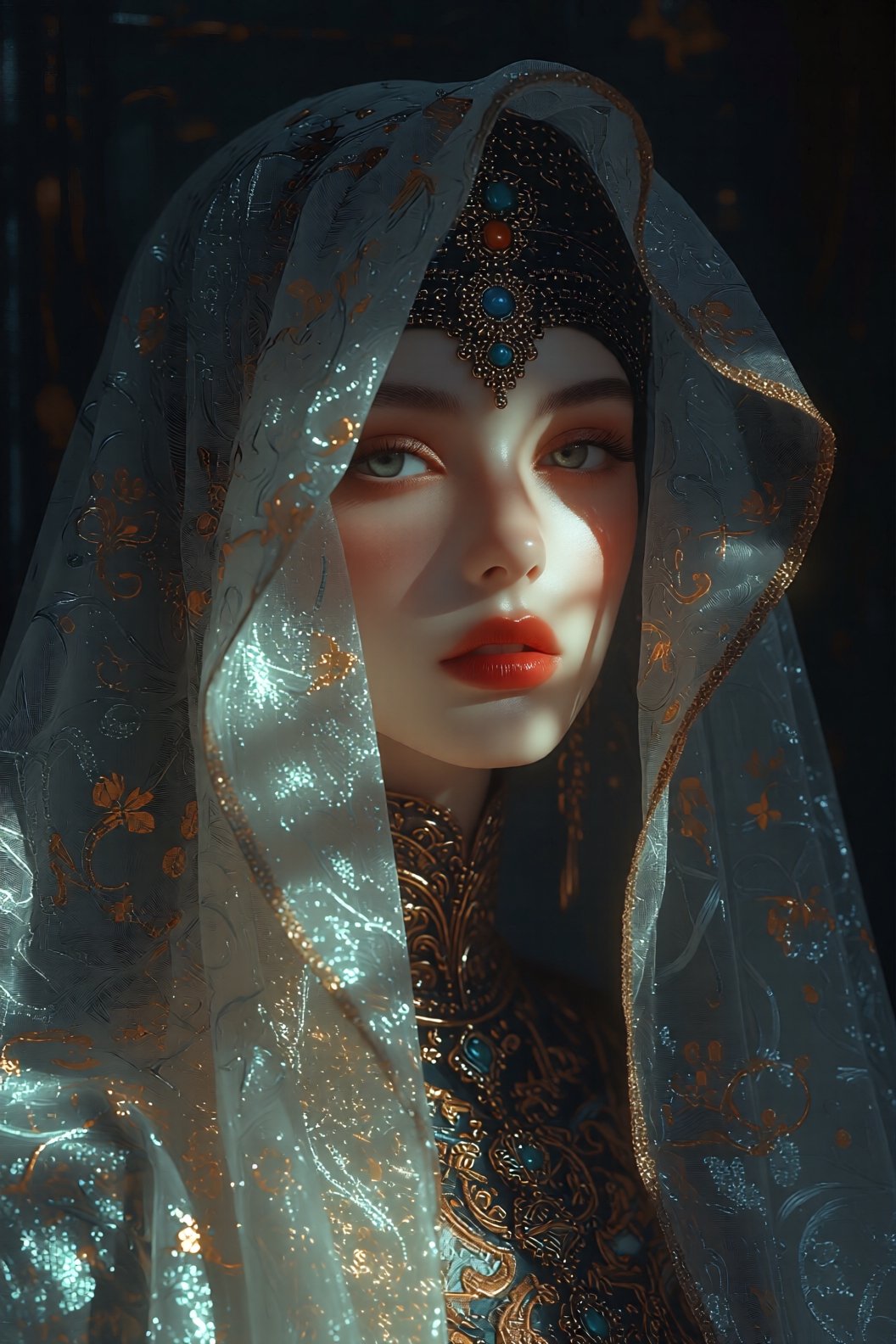 Ultra-detailed,  hyperrealistic portrait of a woman wearing a translucent veil inside a dark room,  dramatic shadows falli...