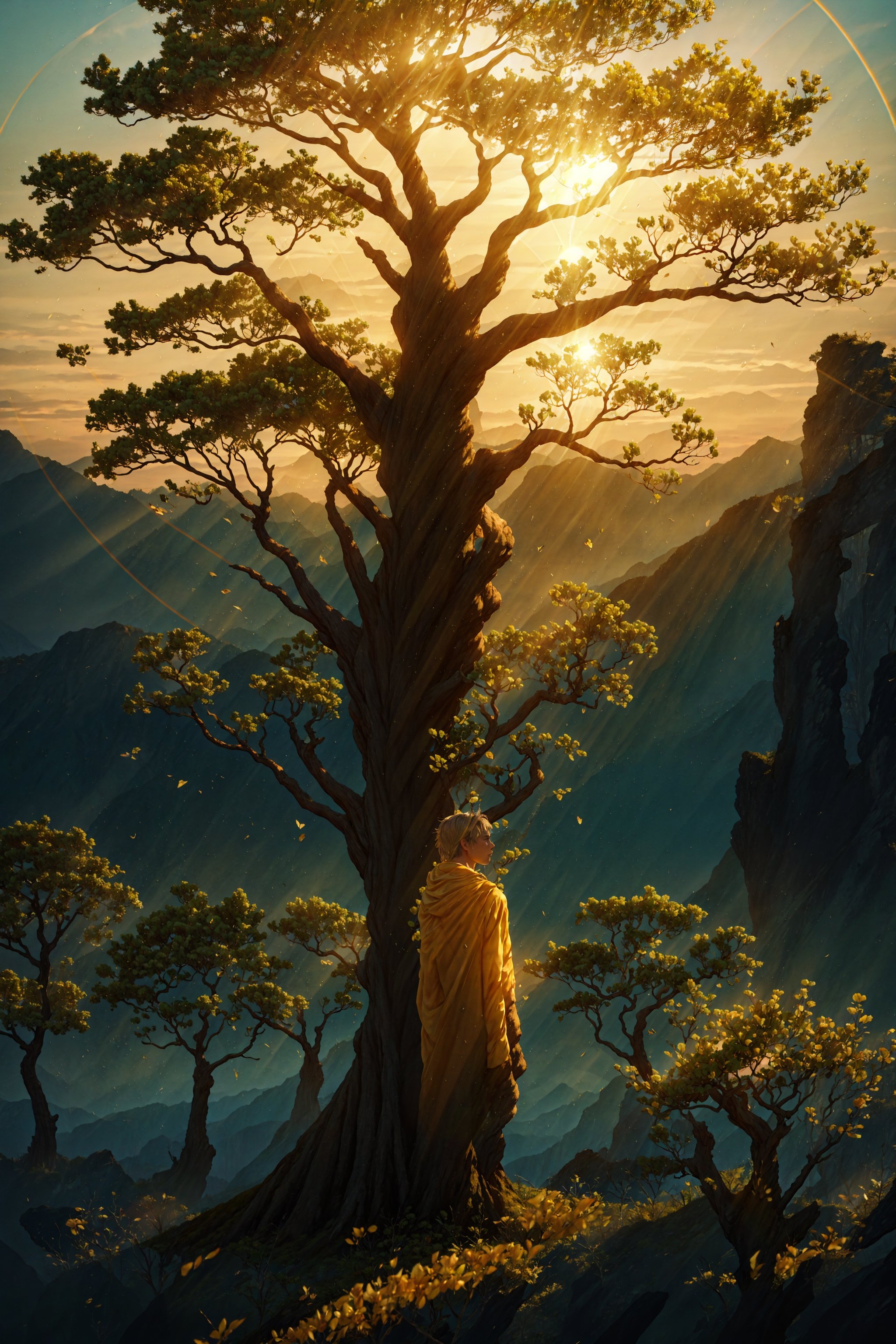 masterpiece:1.2, best quality:1.2, beautiful, high quality, extremely detailed, golden Ears of wheat, The giant world tree grows above the mist that spreads on the ground, the world tree is made of glass, transparent, glow,  no leaves, The back view of warrior boy standing at the top of a mountain. he is staring at the World Tree,dynamic angle. no humans,blurry_light_background,glass