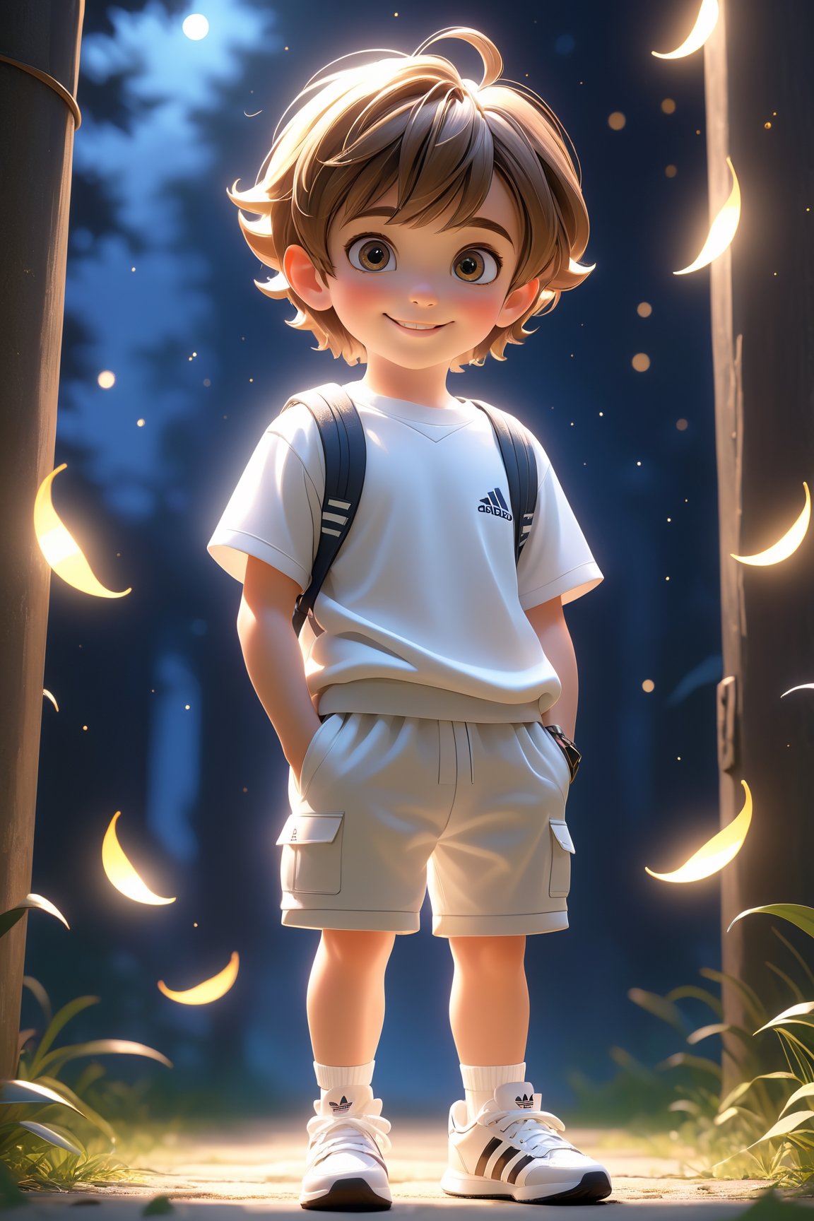 best quality, masterpiece, beautiful and aesthetic, vibrant color, Exquisite details and textures,  Warm tone, ultra realistic illustration,	(handsome European Boy, 6year old:1.5),	(moonlight theme:1.4), Fireflies flying in the sky,	cute eyes, big eyes,	(a smile on one's face:1.3),	cinematic lighting, ambient lighting, sidelighting, cinematic shot,	siena natural ratio, children's body, anime style, 	head to thigh portrait,	short Straight Light Brown hair,	wearing a white T-shirt, white Adidas sweatpants,	ultra hd, realistic, vivid colors, highly detailed, UHD drawing, perfect composition, beautiful detailed intricate insanely detailed octane render trending on artstation, 8k artistic photography, photorealistic concept art, soft natural volumetric cinematic perfect light. 