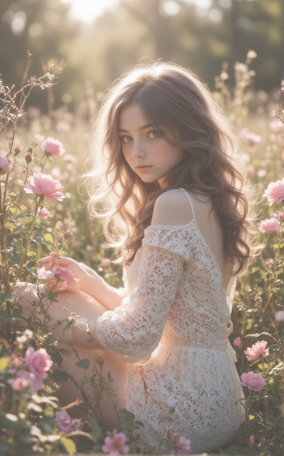 Sunlit meadow bathed in soft,  ethereal glow. A young woman in delicate white lace dress kneels gracefully among vibrant p...