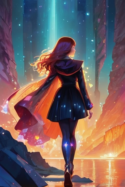 extremely detailed illustration of gorgeous woman wearing haute couture, stylish, backlit, highly illuminated, colorful crystal, awesome hair, closeup, visually rich, raytraced, manga, whimsical, JRPG, enchanting, emotionally evocative, detailed environment, fantastical, imaginative, visually rich, atmospheric, zoomed, flat lighting, 2d, cartoon, vector, rocks, art by MSchiffer,ColorART