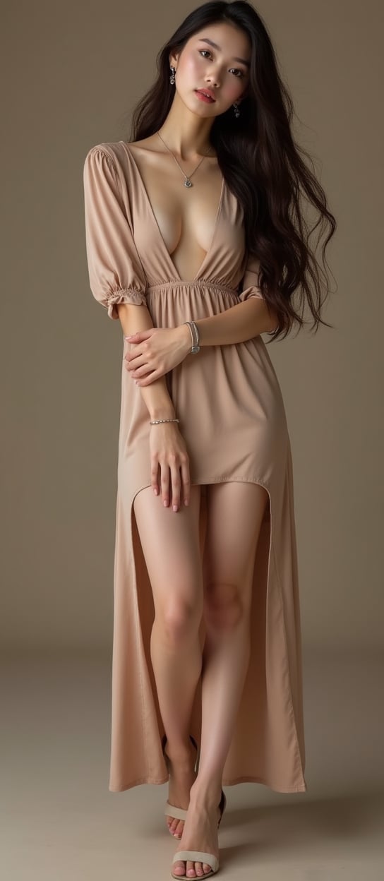 Beautiful and attractive Korean woman,  long hair in brown tones,  sexy and charming portrait by ART IMAGINATION on Tensor...