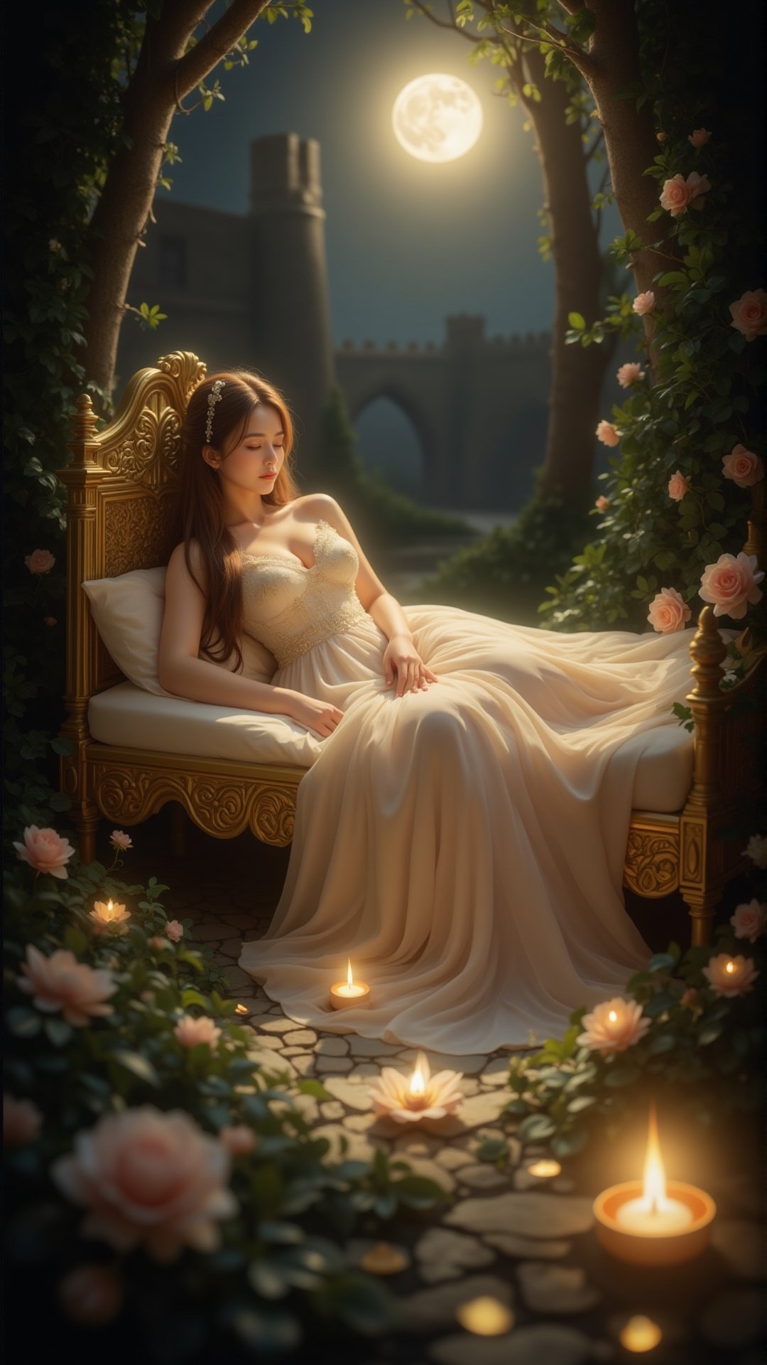 a delicate and ethereal Sleeping Beauty lying on a soft,  golden bed in a grand,  enchanted castle by ART IMAGINATION on T...