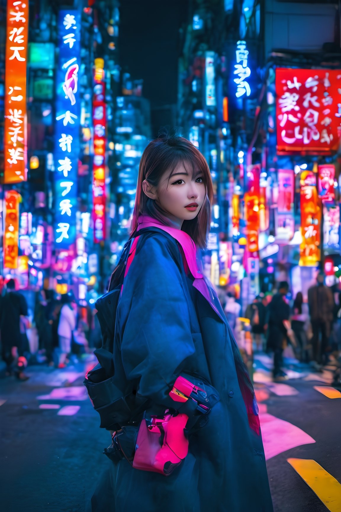 1girl, standing on Tokyo street, cyber, cyberpunk, Tokyo tower background, neon light, night time, buildings, high_resolution, high detailed, realistic, ultra realistic, real photography, 