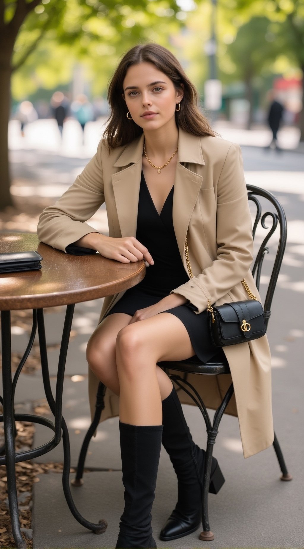 Stylish young woman seated at an outdoor café table in a leafy urban park,  three-quarter body portrait showing crossed le...