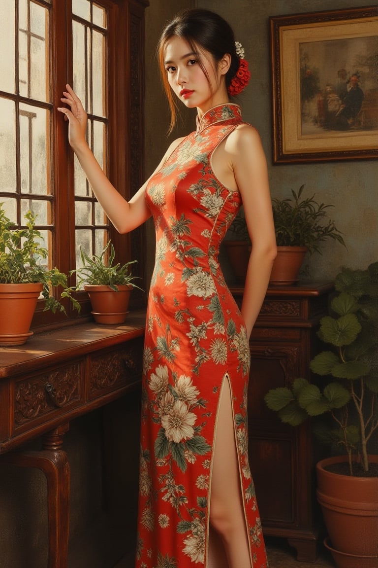 A masterpiece oil painting in warm painterly realism with rich impasto textures and visible expressive brushstrokes,  dram...