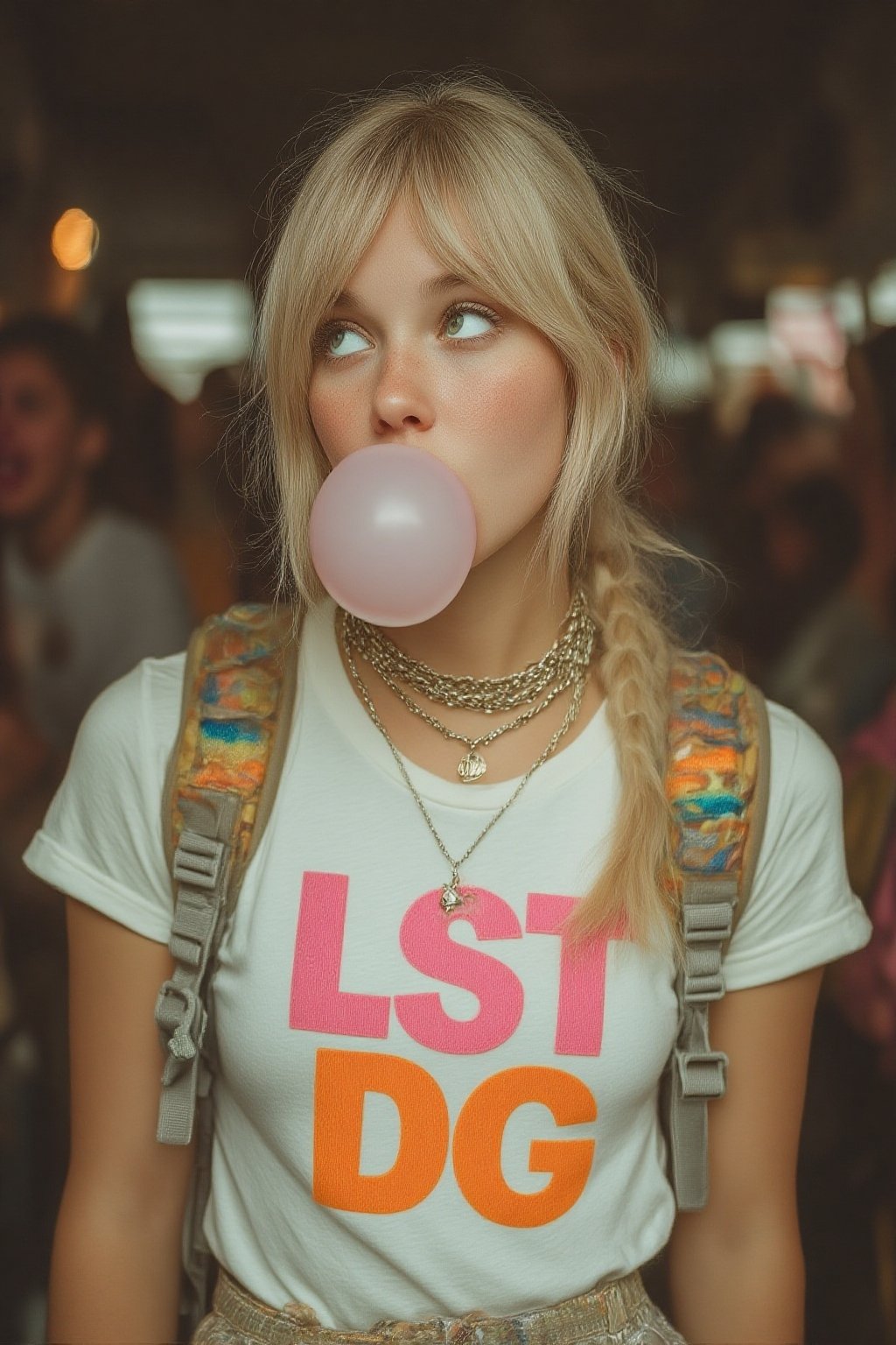 photograph. A young American woman with long,  blonde hair tied back,  is blowing a bubble gum while glancing sideways and...