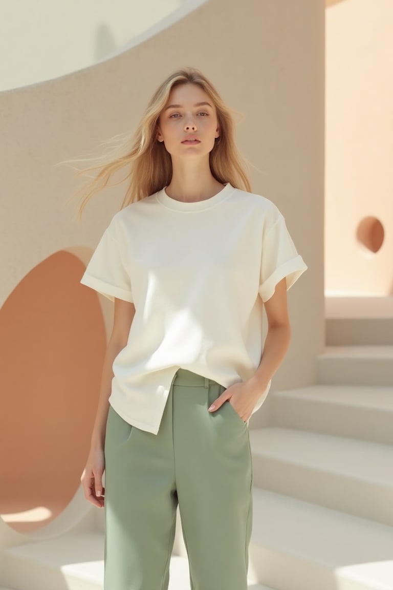 High-fashion female model in a refined Scandinavian luxury aesthetic. She wears a premium cream straight-cut short-sleeve...