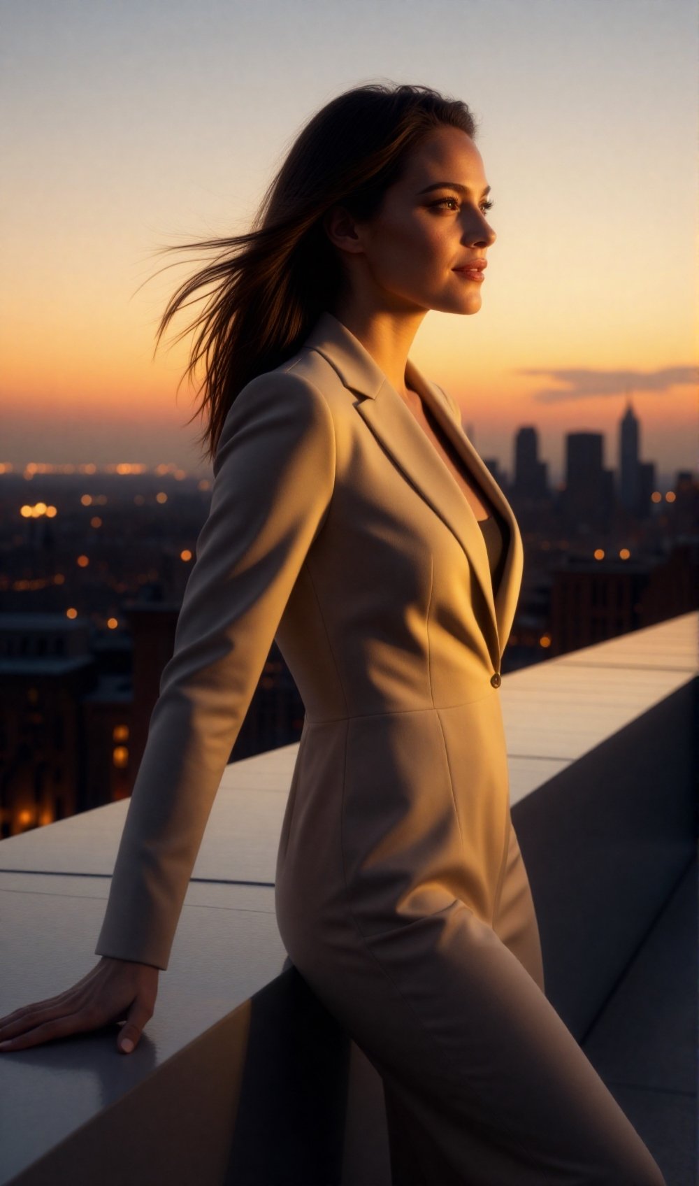 A cinematic rooftop sunset fashion scene featuring a confident adult woman overlooking the city skyline. She stands near t...