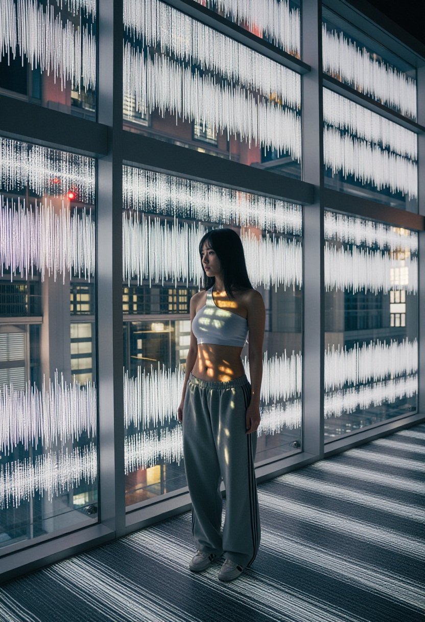 A cinematic shot of a Korean woman standing in a hyper-modern glass pavilion,  wearing a sleek,  asymmetrical athletic ban...