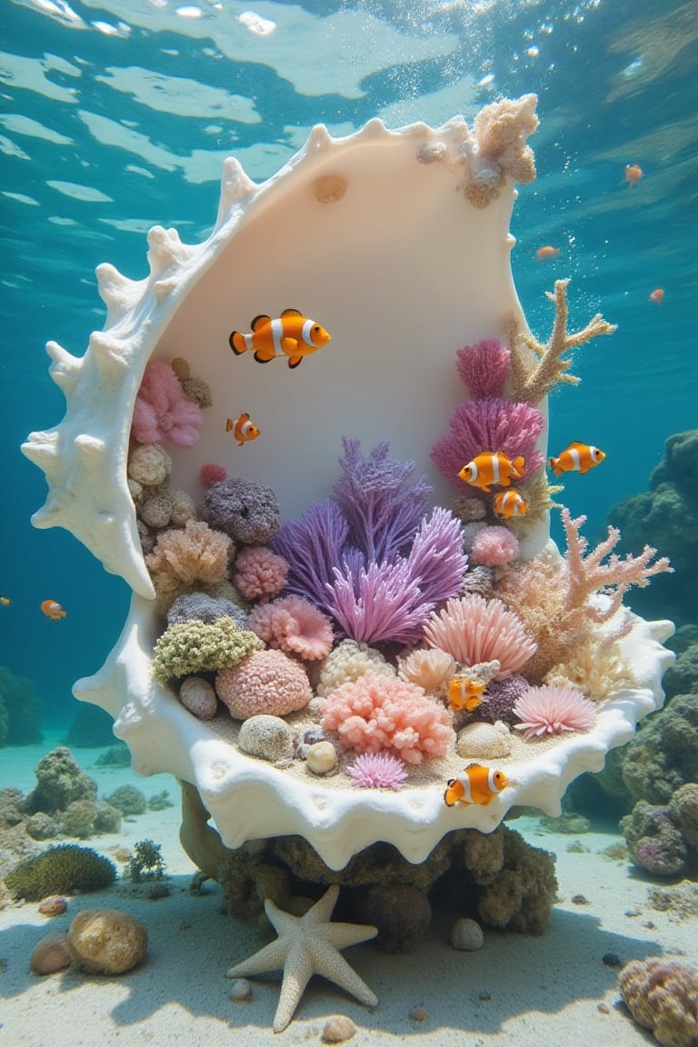 A large shell in the shape of outstretched female arms is filled with shells and flowers,  creating the feeling of an unde...