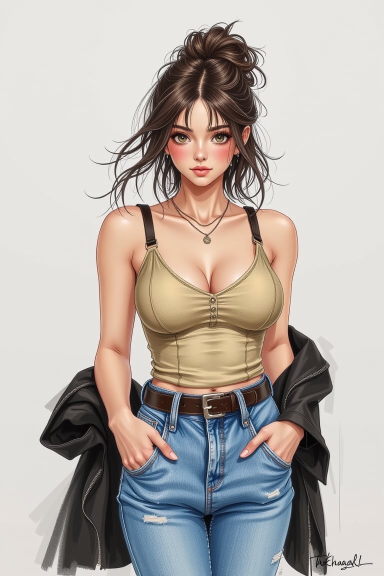 (Your ultimate goal should be to achieve a result that looks like a rough sketch.) The woman you are drawing has a modern...