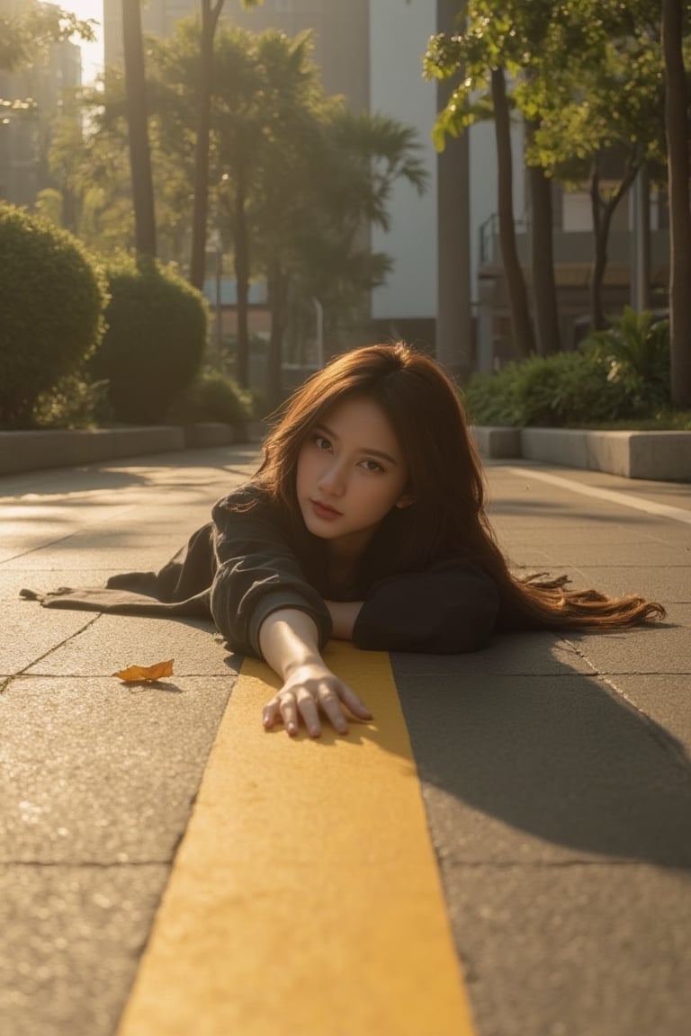 Prompt: A hyper-realistic editorial portrait in cinematic aesthetic. Capture the Asian completed girl lying supine on an u...
