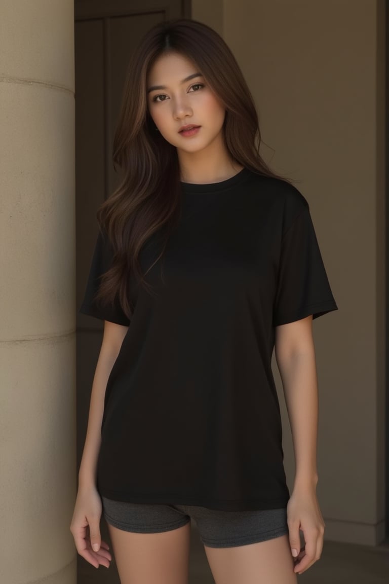 A high-fashion female model wearing a premium black t-shirt fully untucked,  the length reaching upper thigh level,  paire...
