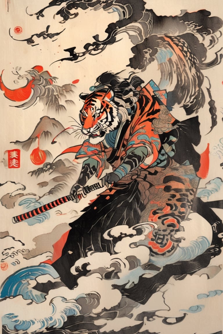 A beautifully drawn (((vintage t-shirt print))),  featuring intricate ((retro-inspired typography)) encircling a (((sumi-e...