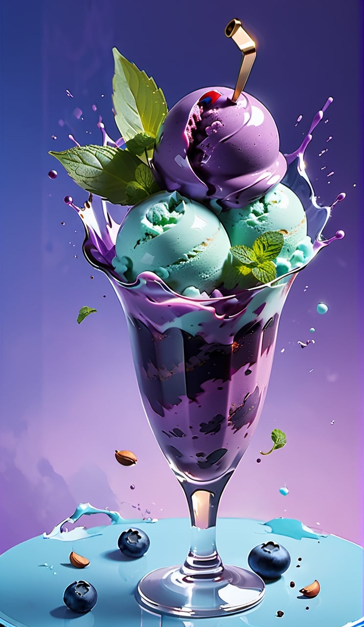 Blueberry ice cream, in a stylish modern glass, ice cubes, nuts, mint leaves, splashing milk cream, in a gradient purple background, fluid motion, dynamic movement, cinematic lighting, Mysterious, golden ratio, fake detail, trending pixiv fanbox, acrylic palette knife, style of makoto shinkai studio ghibli genshin impact james gilleard greg rutkowski chiho aoshima