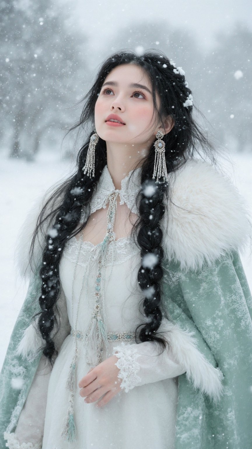 A beautiful woman with long flowing black hair and sweet braided hairstyle adorned with exquisite luxurious tassel ornamen...