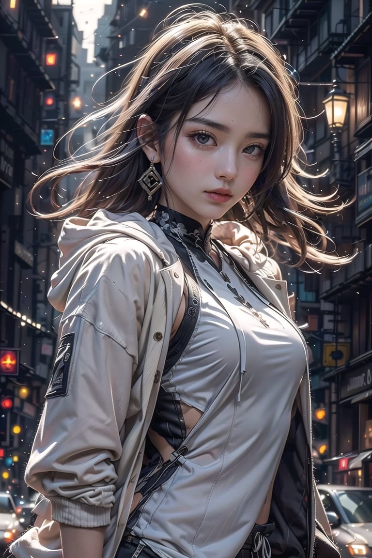 Master work, best picture quality, higher quality, ultra-high resolution, 8k resolution, exquisite facial features, perfect face, girl, assassin, fashion ((upper body clothing, hoodie inside, suit jacket outside)) sneakers, Black mask, cross earrings, carrying a delicate and beautiful samurai sword, night, city, movie style