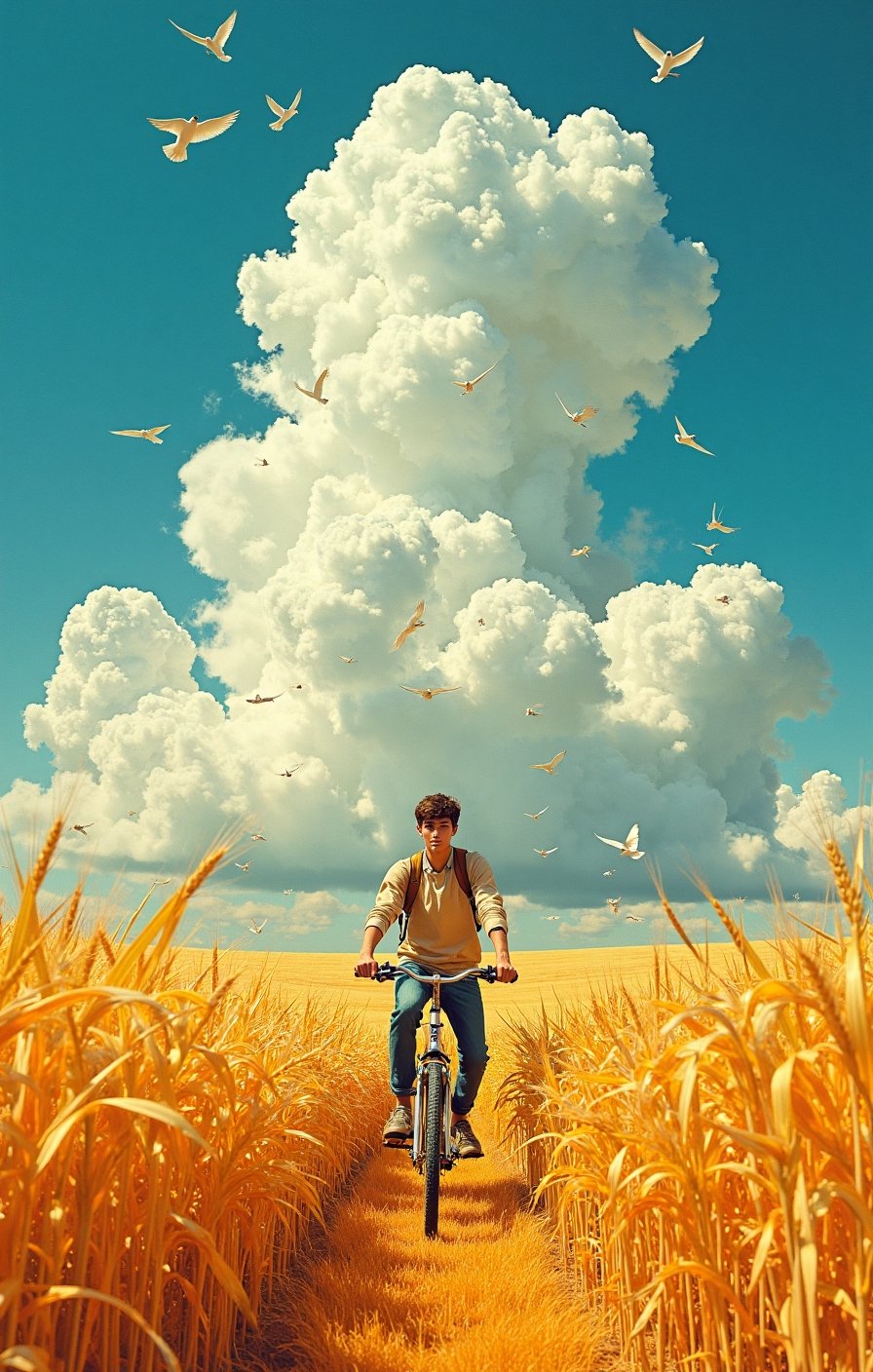 A young man on his bicycle in the middle of an endless wheat field. Next to him is a tall,  white,  tree-shaped cloud by A...