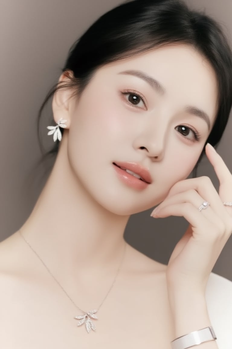 A high-end editorial close-up portrait of a beautiful 20yo woman. Tight framing from shoulders up,  elegant composition wi...