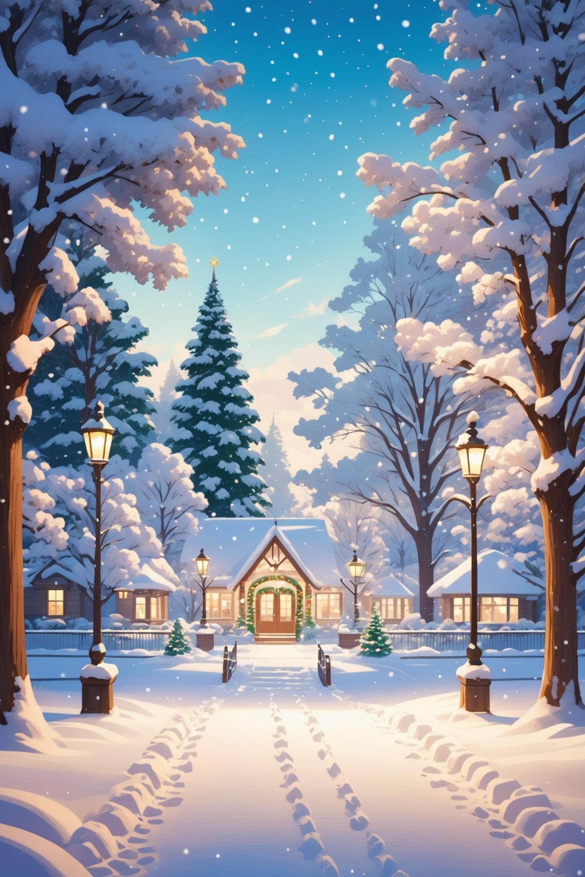 

"Design a picturesque snow-covered park that emphasizes joy and laughter by combining elements like tall trees, twinkling Christmas lights and lawns. Keep people out.