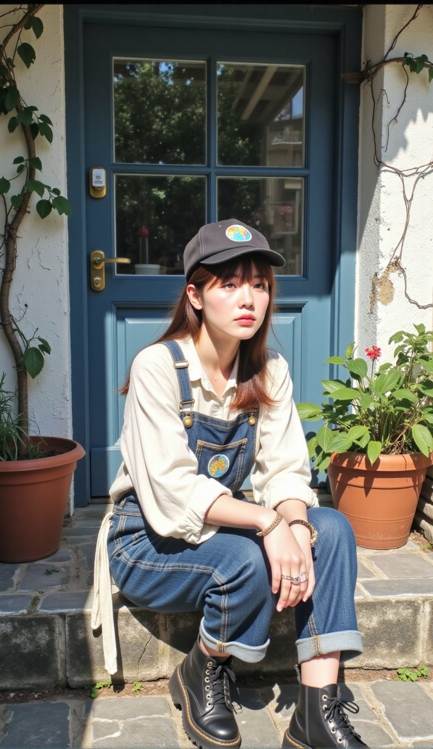 A realistic,  sunlit portrait of a young woman with chestnut-brown hair and bangs,  wearing a weathered dark newsboy cap b...