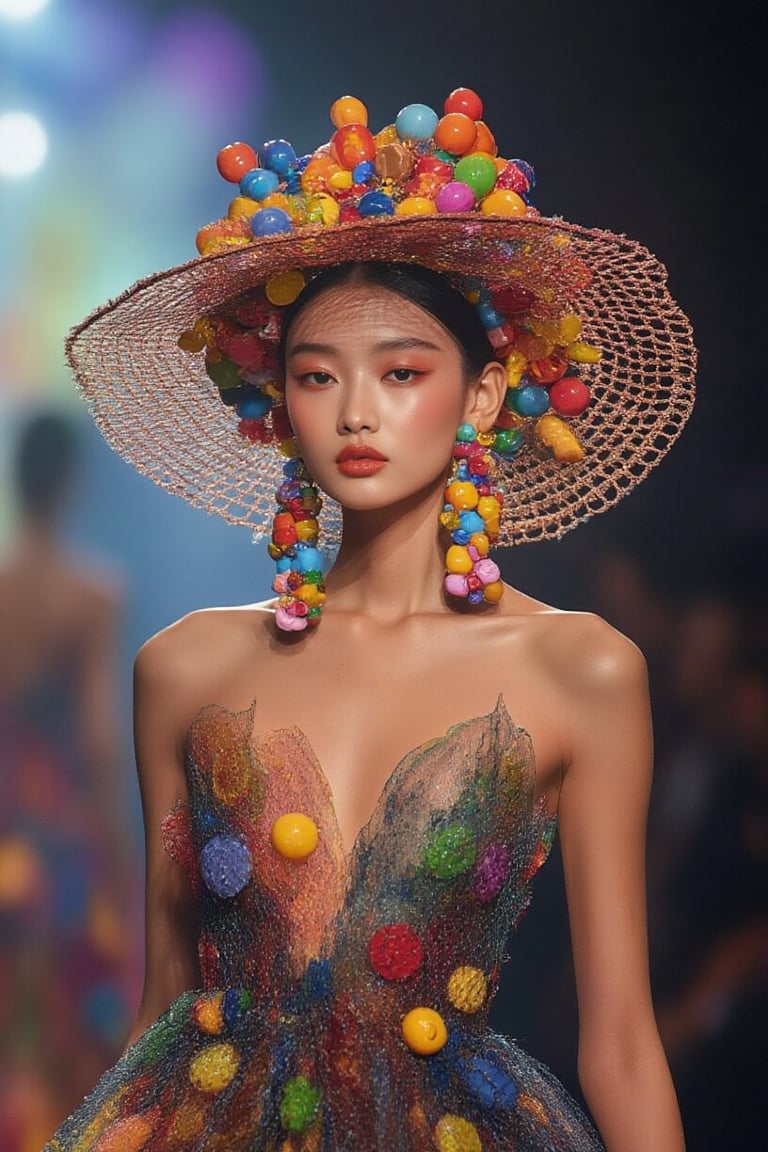 colorful dress,  The woman wears a mesh hat decorated with colorful beads,  a mesh dress dotted with colorful beads by ART...